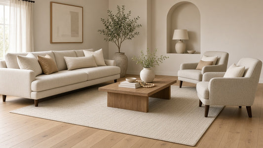 AI-assisted illustration of a living room where the front legs of the sofa rest on a neutral area rug. Mood image, not a photo of a specific rug.