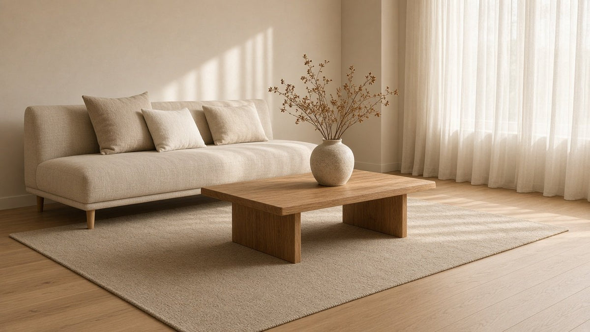 Living room with a grounded area rug under seating